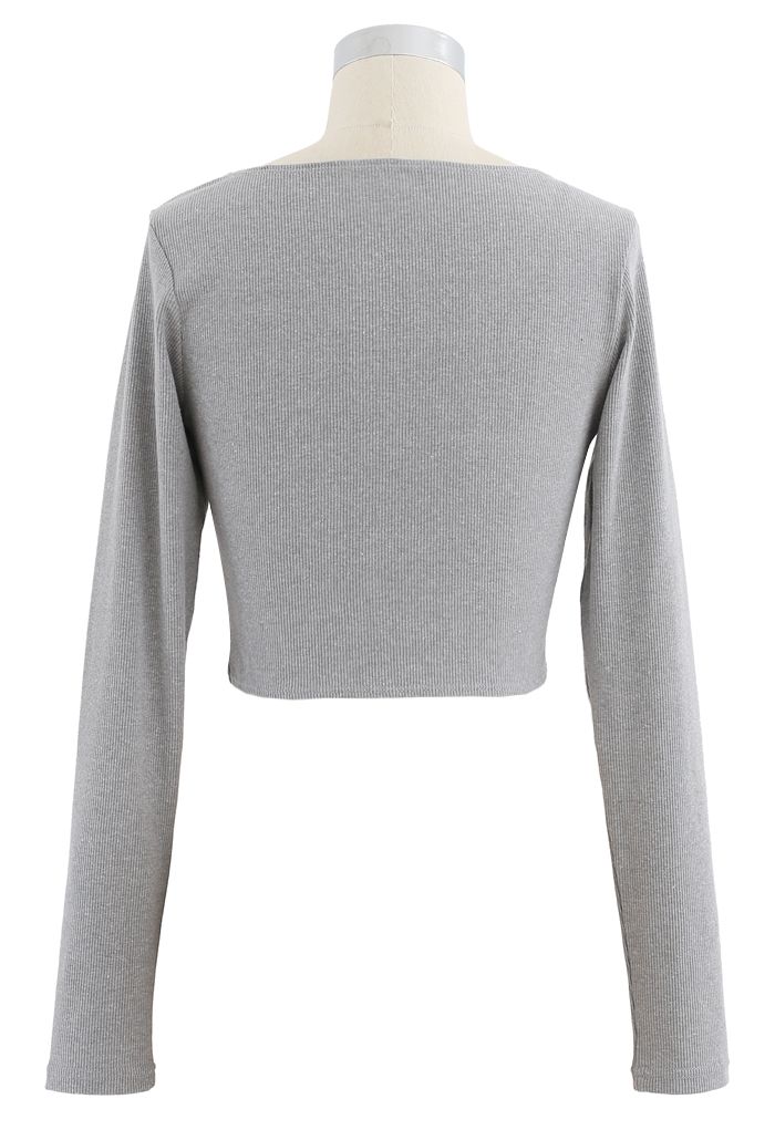 Crisscross Front Long Sleeves Ribbed Top in Grey