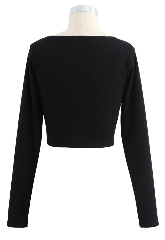 Crisscross Front Long Sleeves Ribbed Top in Black