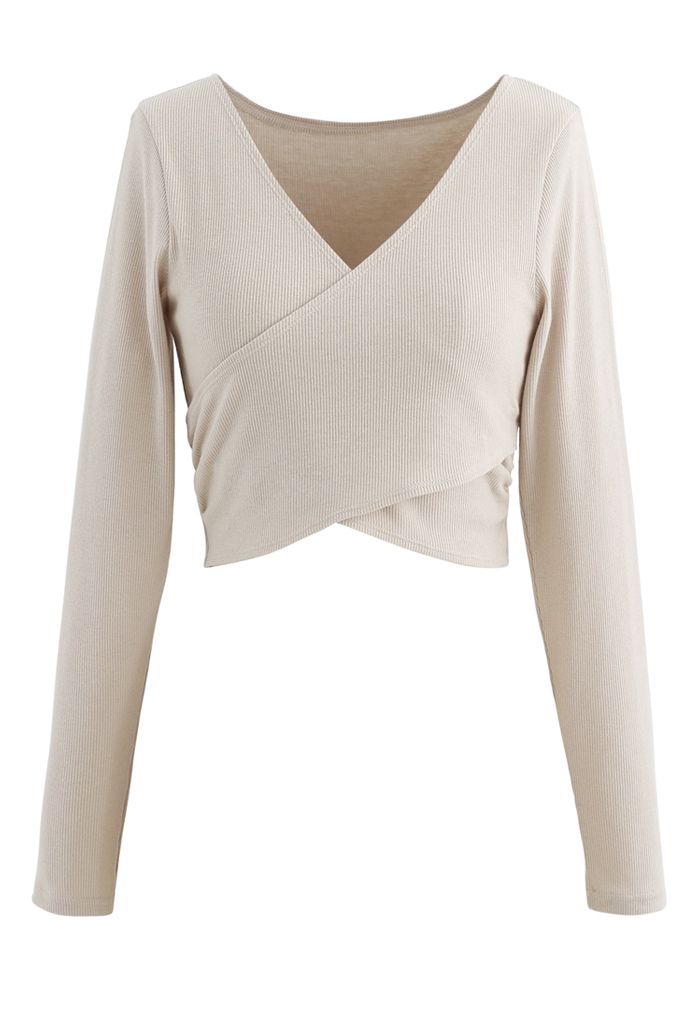 Crisscross Front Long Sleeves Ribbed Top in Sand
