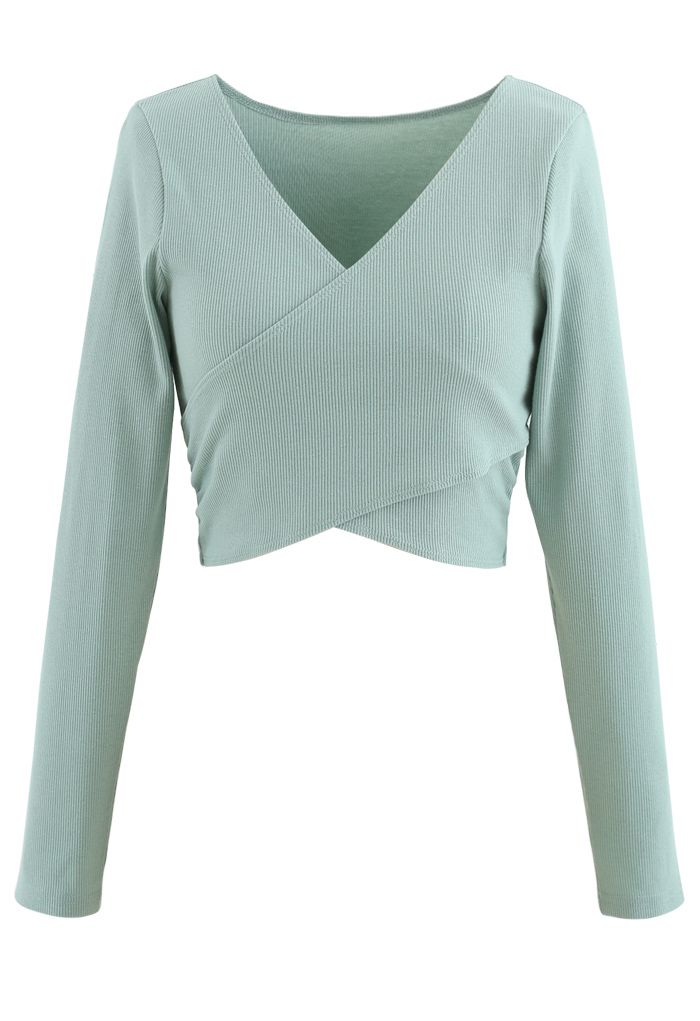 Crisscross Front Long Sleeves Ribbed Top in Mint