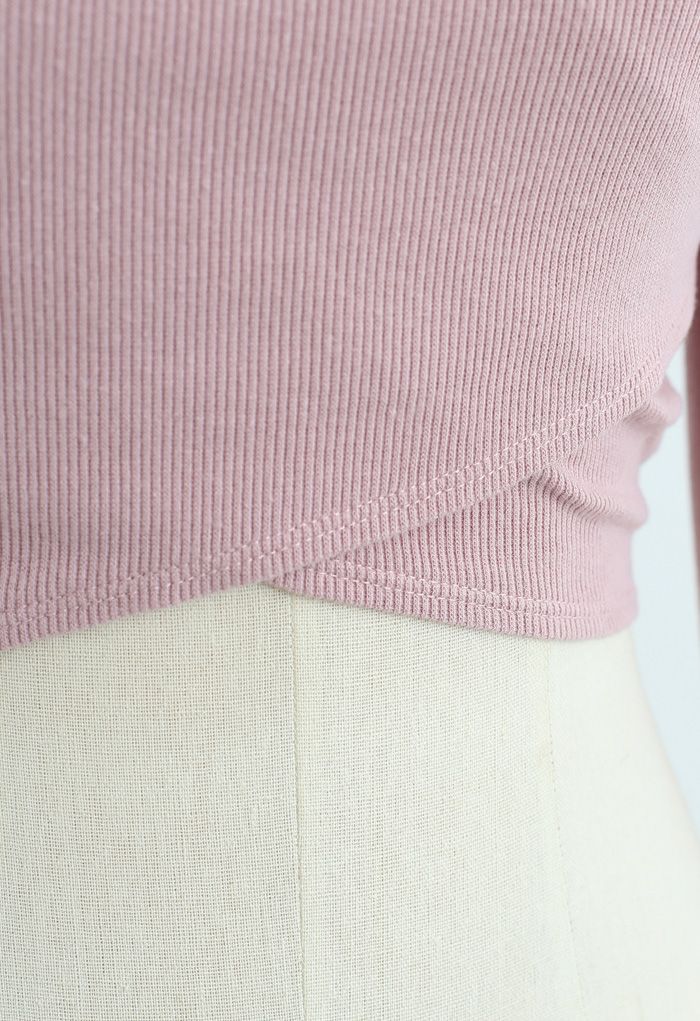 Crisscross Front Long Sleeves Ribbed Top in Pink