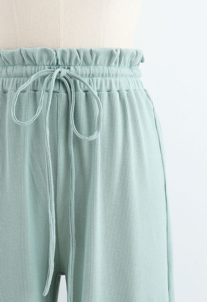 Drawstring Paper-Bag Waist Ribbed Yoga Pants in Mint
