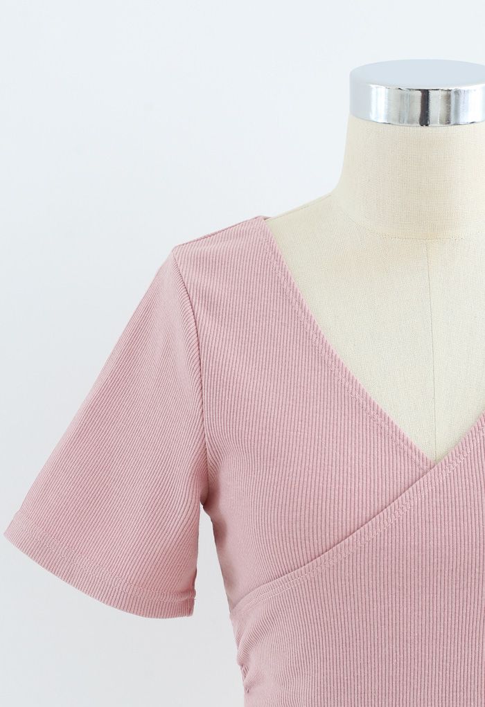 Crisscross Front Short Sleeves Ribbed Top in Pink