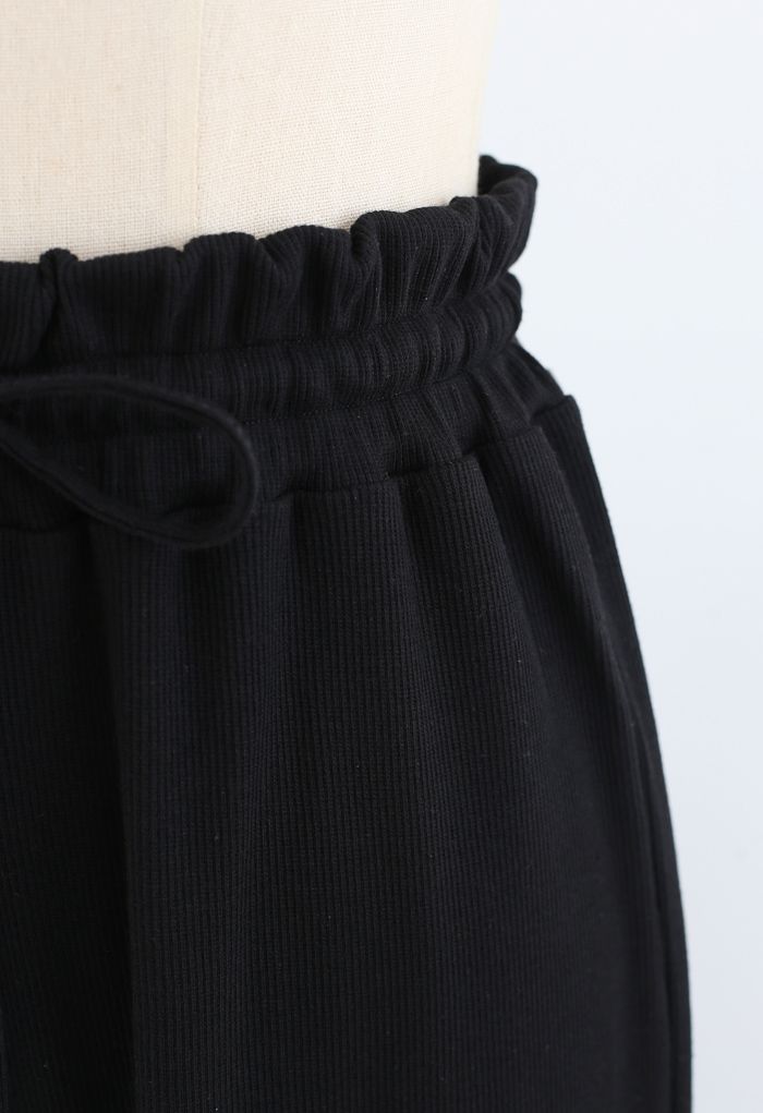 Drawstring Paper-Bag Waist Ribbed Yoga Pants in Black