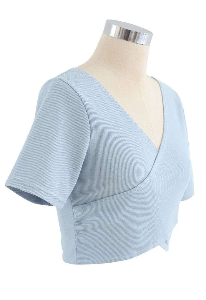Crisscross Front Short Sleeves Ribbed Top in Dusty Blue