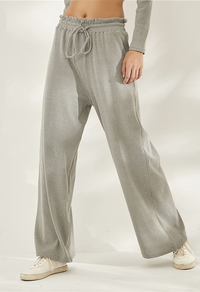 Drawstring Paper-Bag Waist Ribbed Yoga Pants in Grey