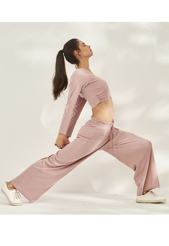 Drawstring Paper-Bag Waist Ribbed Yoga Pants in Pink