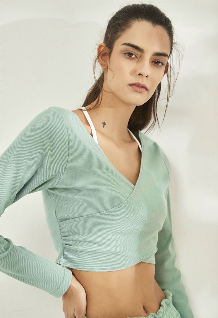 Crisscross Front Long Sleeves Ribbed Top in Mint
