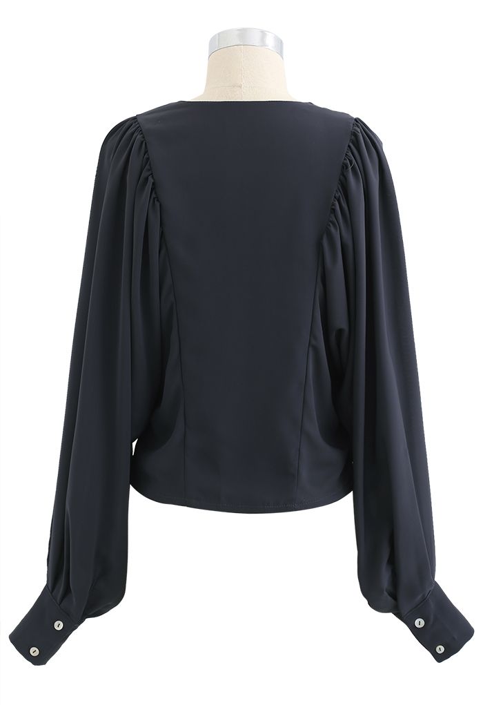Batwing Puff Sleeves Crop Shirt in Navy