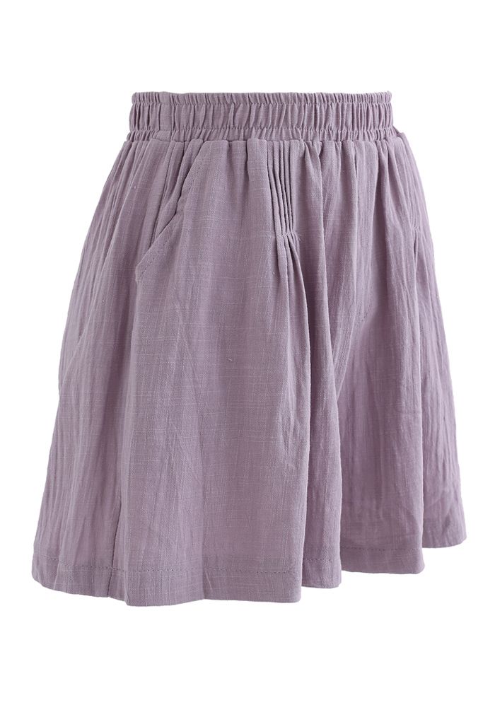 Pintuck Front Pockets Cotton Shorts in Purple