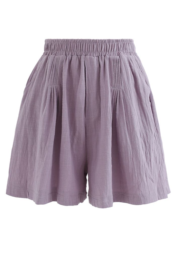 Pintuck Front Pockets Cotton Shorts in Purple