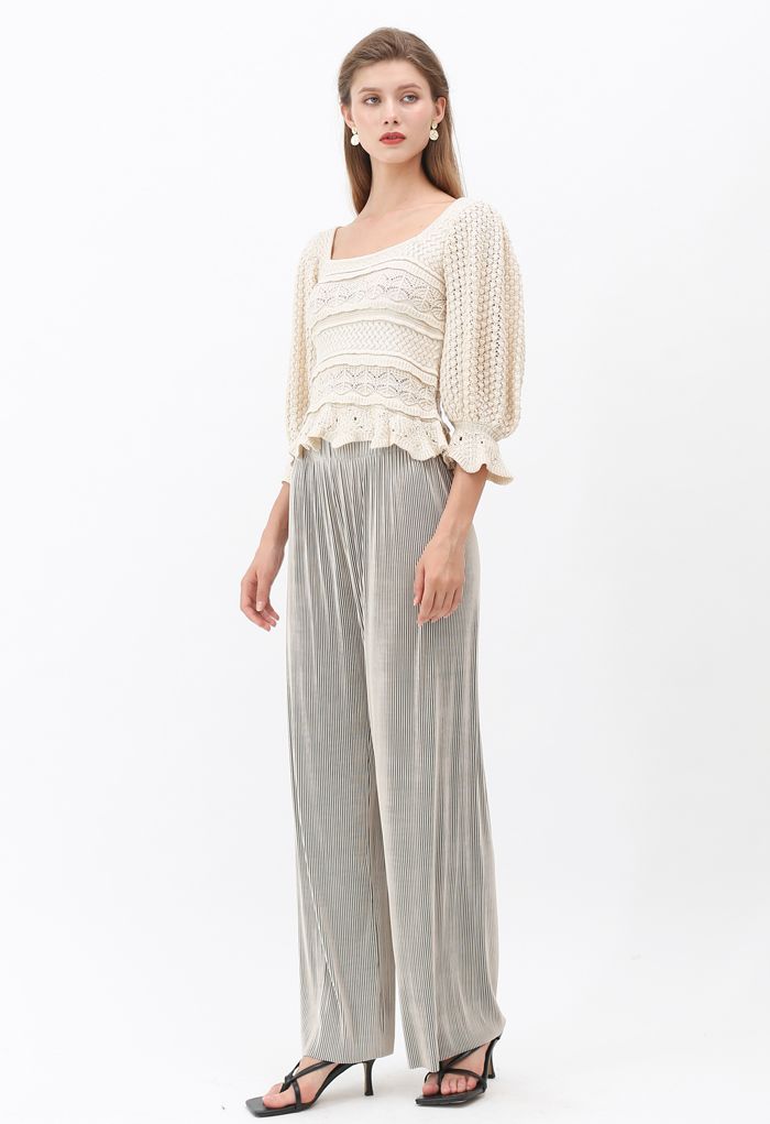 Contrasted High-Waisted Ribbed Pants in Sand