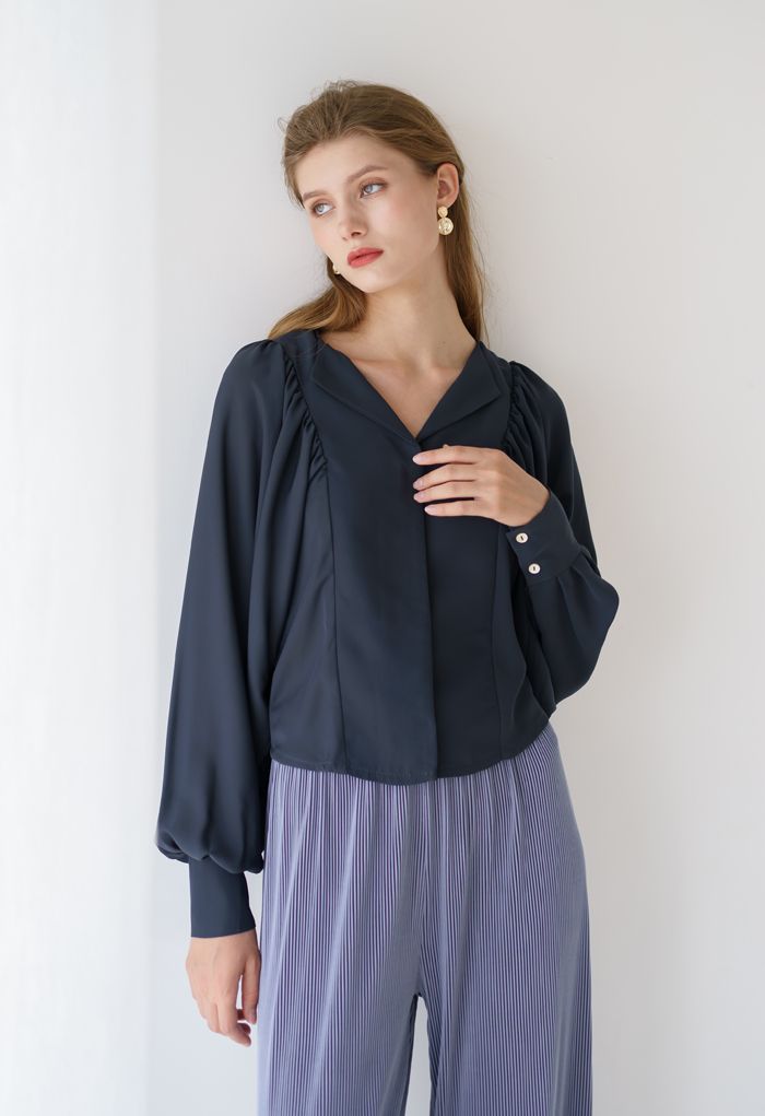 Batwing Puff Sleeves Crop Shirt in Navy