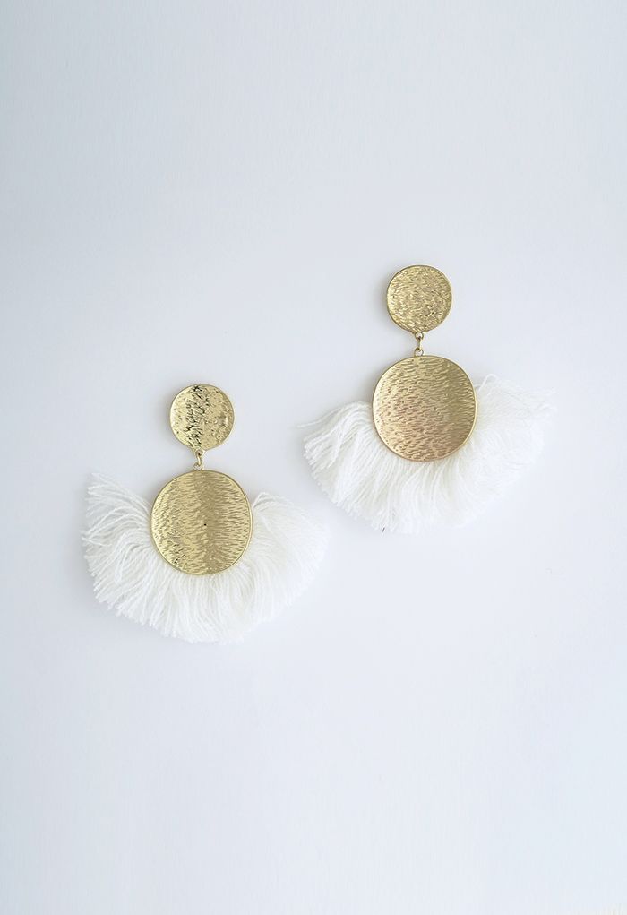 Tassel Gold Round Earrings in White