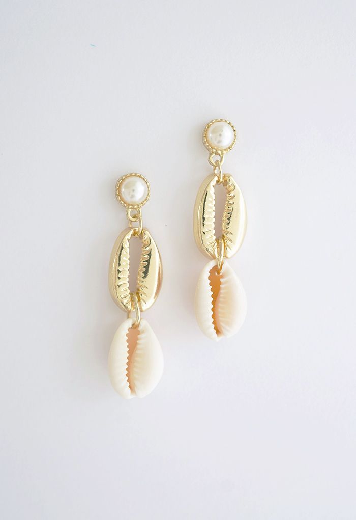 Double Cowrie Shell Charm Pearls Earrings