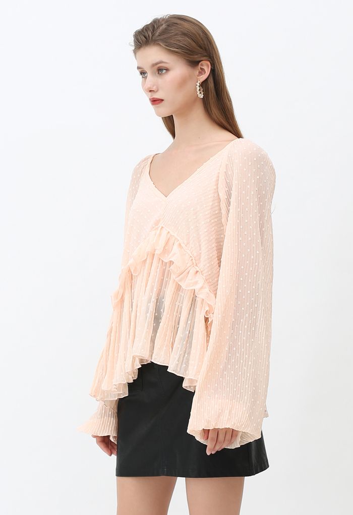 Flock Dots V-Neck Puff Sleeves Pleated Top