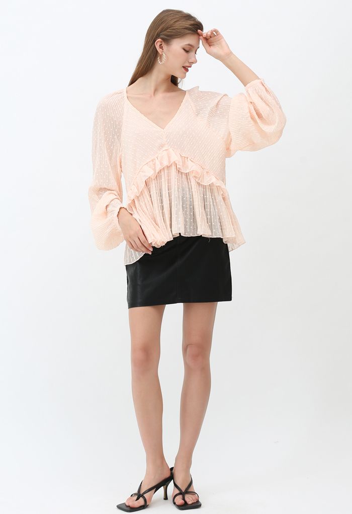 Flock Dots V-Neck Puff Sleeves Pleated Top