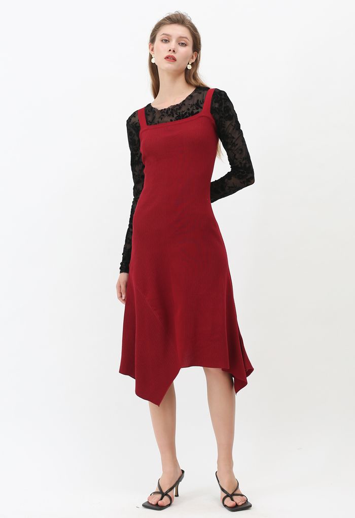 Asymmetric Hem Ribbed Knit Cami Dress in Red