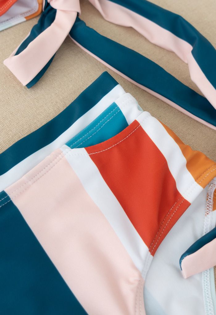 Color Block Stripe Bowknot One-Shoulder Bikini Set
