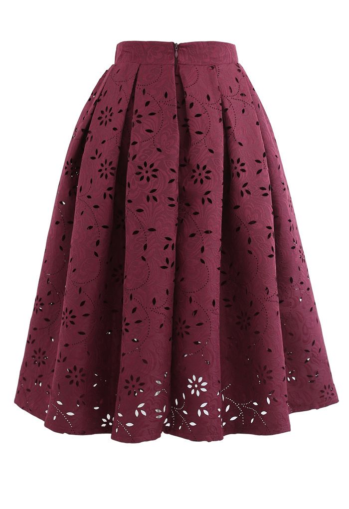 Floral Cutwork Jacquard Midi Skirt in Wine