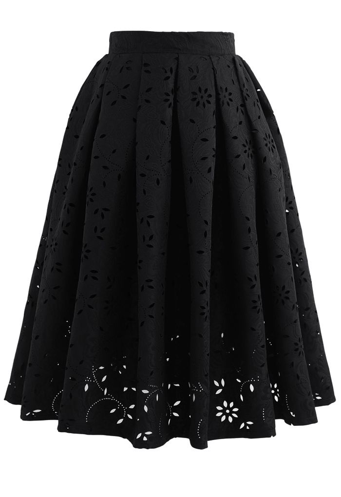 Floral Cutwork Jacquard Midi Skirt in Black