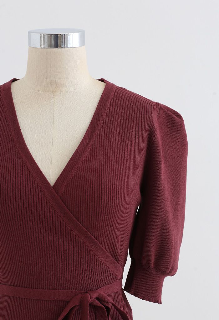 Bubble-Sleeve Wrapped Ribbed Knit Top in Wine