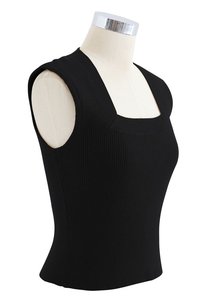 Square Neck Sleeveless Ribbed Knit Top in Black