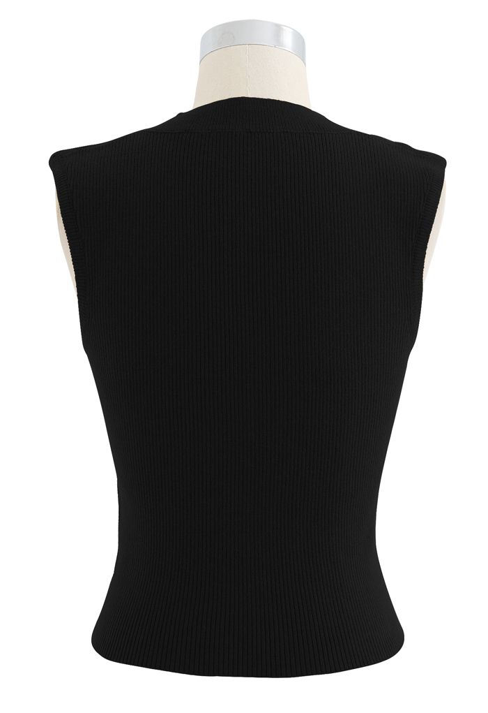 Square Neck Sleeveless Ribbed Knit Top in Black
