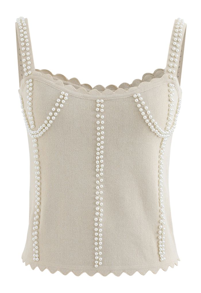 Faux Pearl Embellished Ribbed Knit Top in Cream