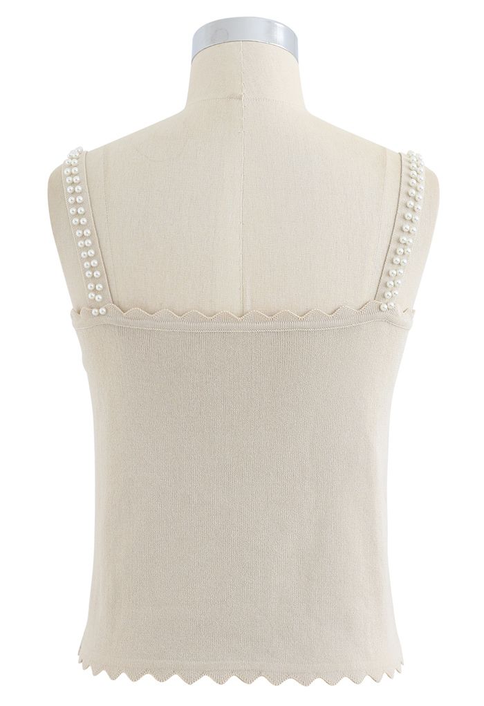 Faux Pearl Embellished Ribbed Knit Top in Cream