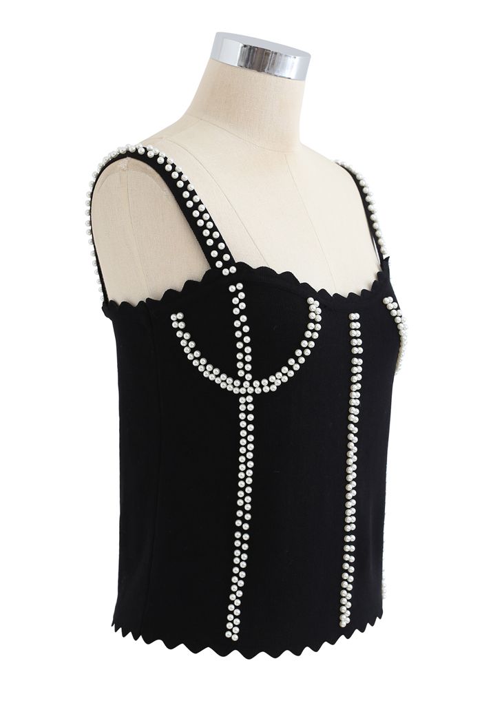 Faux Pearl Embellished Ribbed Knit Top in Black
