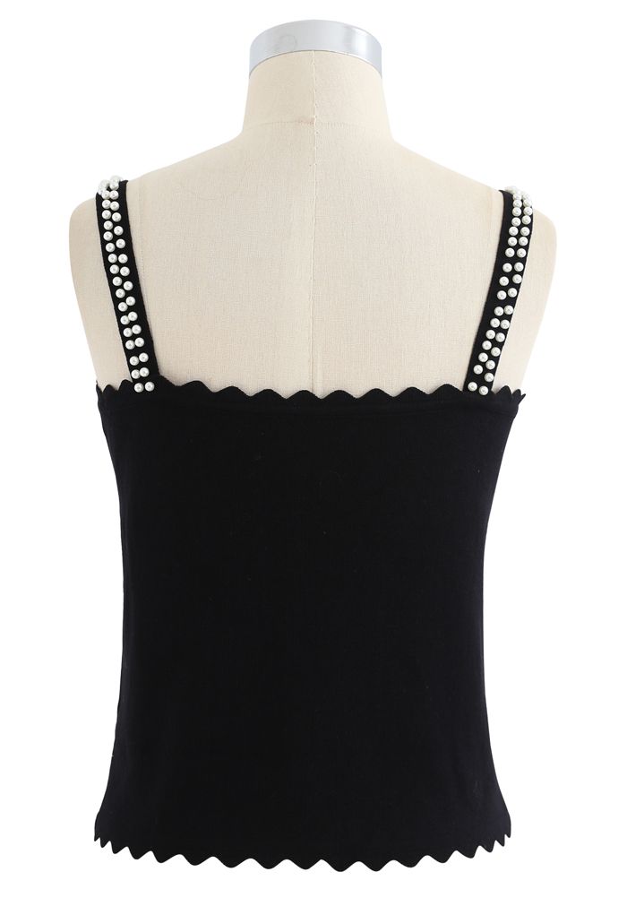 Faux Pearl Embellished Ribbed Knit Top in Black