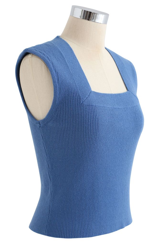 Square Neck Sleeveless Ribbed Knit Top in Blue