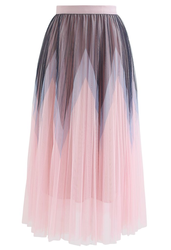 Zigzag Double-Layered Pleated Tulle Midi Skirt in Pink
