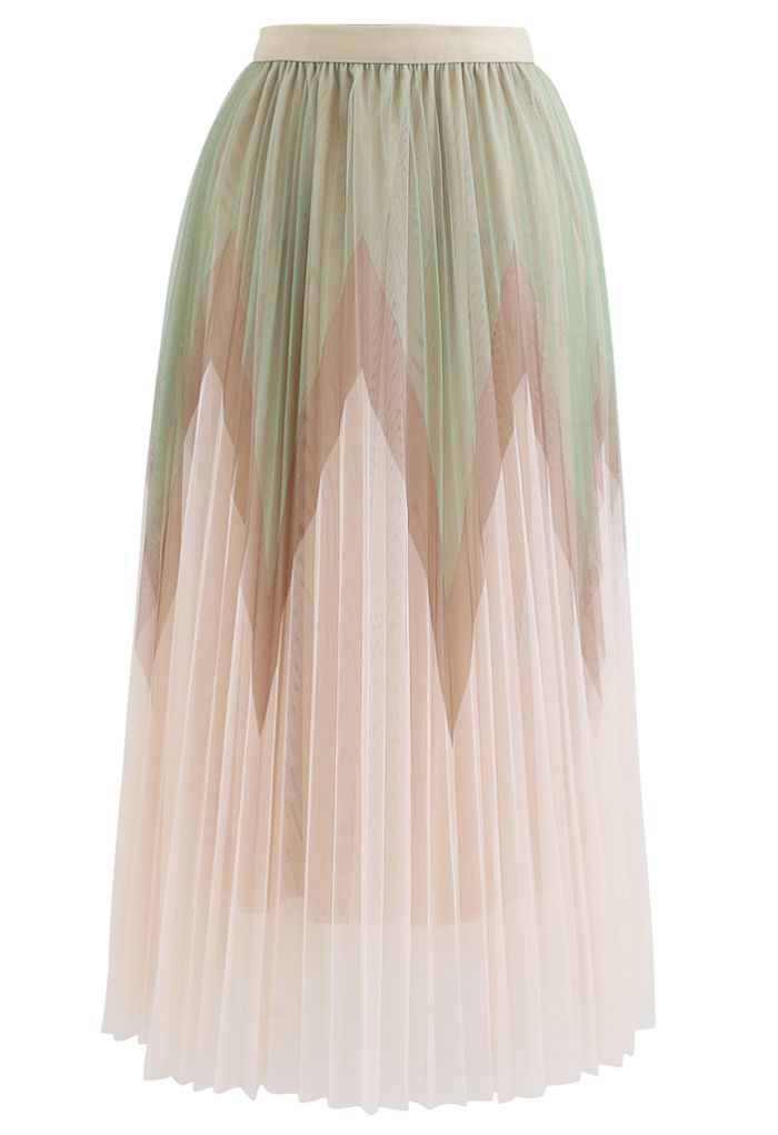 Zigzag Double-Layered Pleated Tulle Midi Skirt in Cream