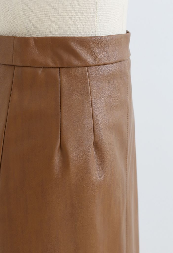 Vent Hem Faux Leather Pencil Skirt in Caramel