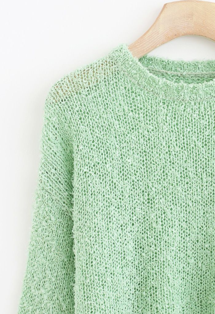 Cropped Fluffy Hollow Out Knit Sweater in Pea Green