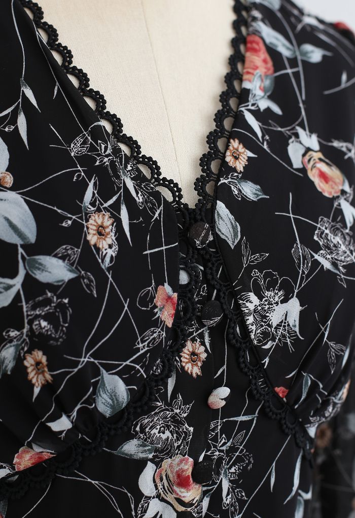 Button Trim Floral Crochet Chiffon Playsuit in Black