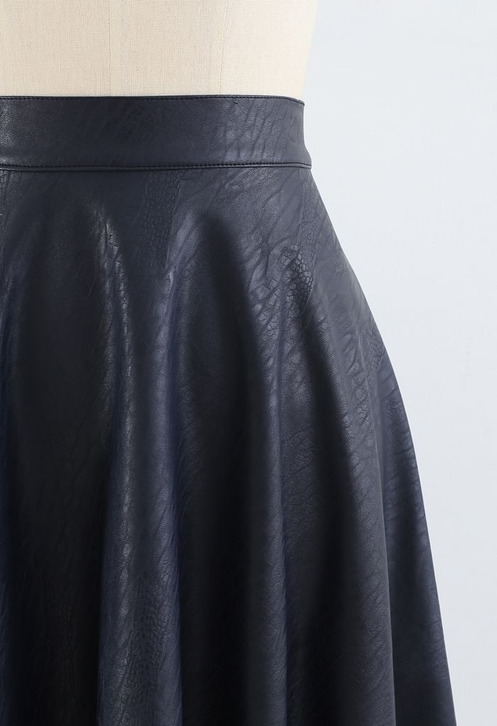 Faux Leather Crocodile Embossed A-Line Midi Skirt in Navy
