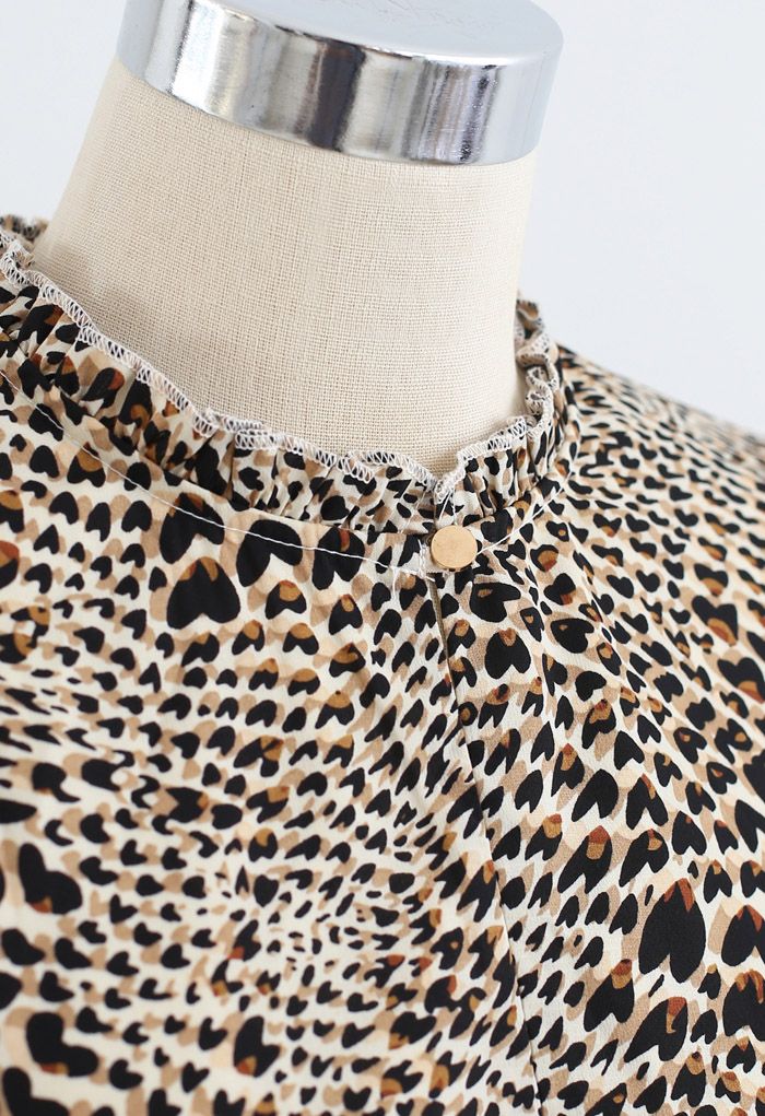 Buttoned Leopard Print Puff Sleeves Ruffle Dress
