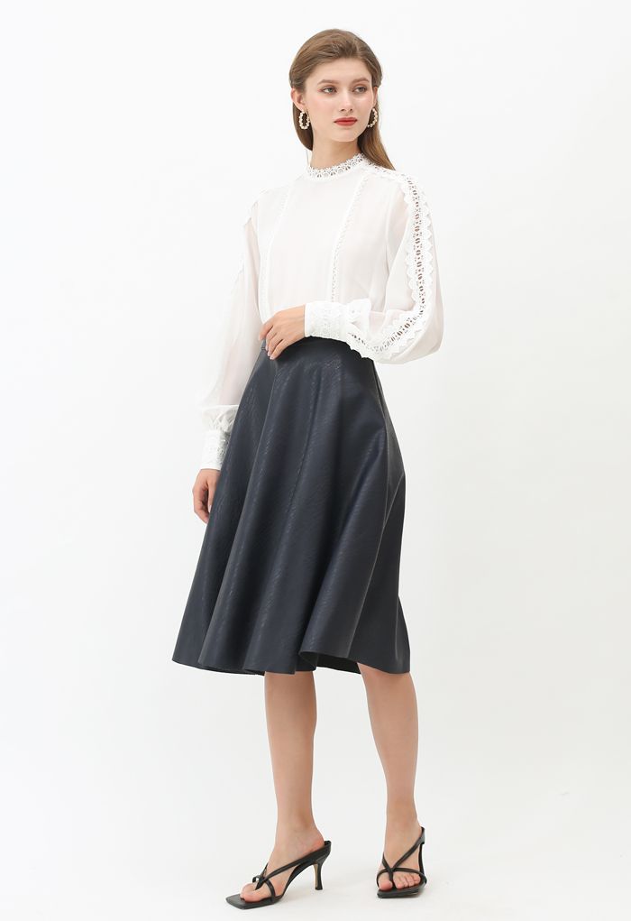 Faux Leather Crocodile Embossed A-Line Midi Skirt in Navy