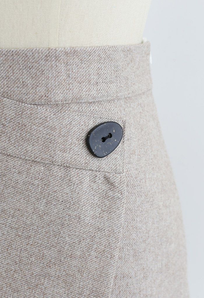 Button Flap Wool-Blended Mini Skirt in Light Tan