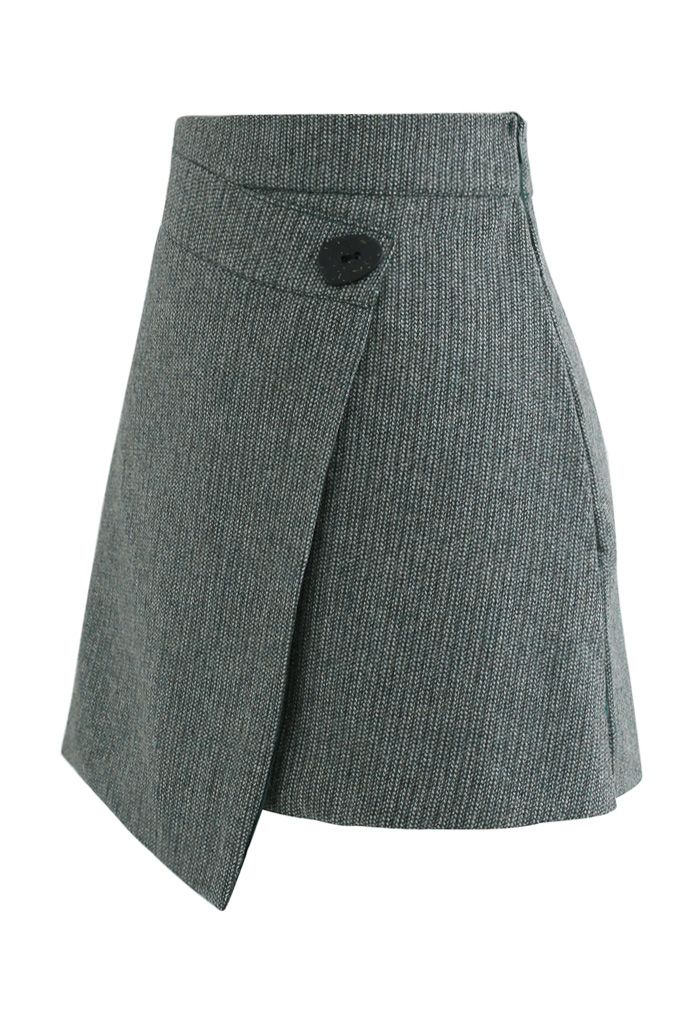 Button Flap Wool-Blended Mini Skirt in Dark Green