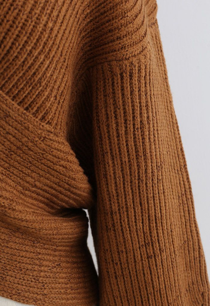 Crisscross Ribbed Knit Crop Sweater in Caramel