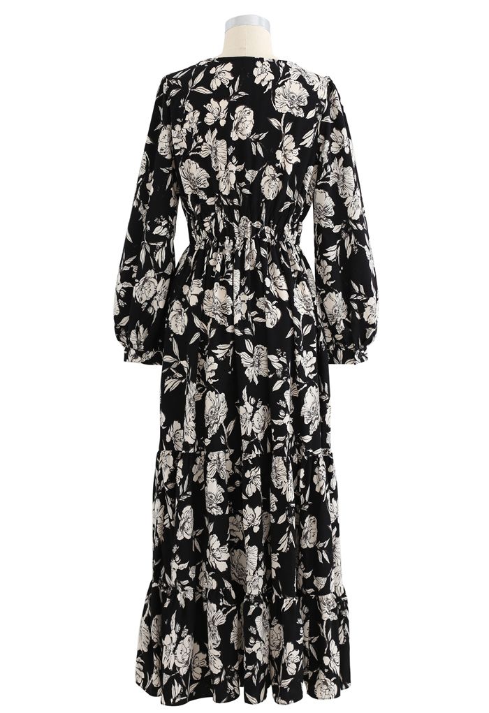 Floral Print Wrap Ruffle Maxi Dress in Black