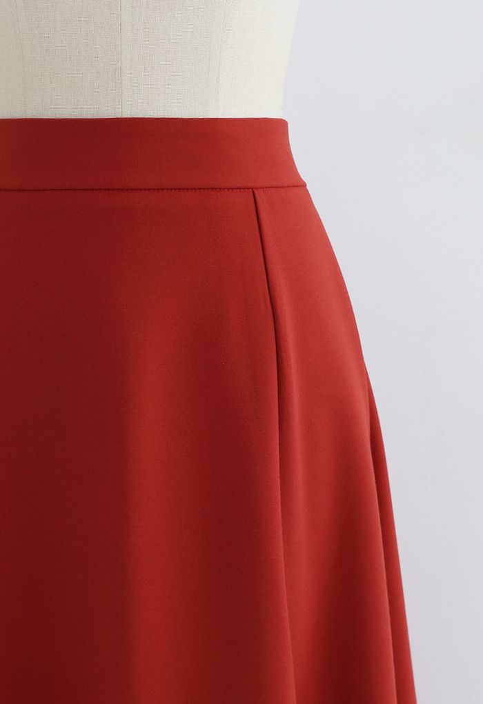 Seam Detail Flare Hem Midi Skirt in Red