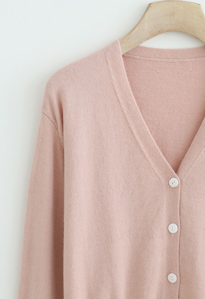 V-Neck Button Down Ribbed Knit Cardigan in Pink