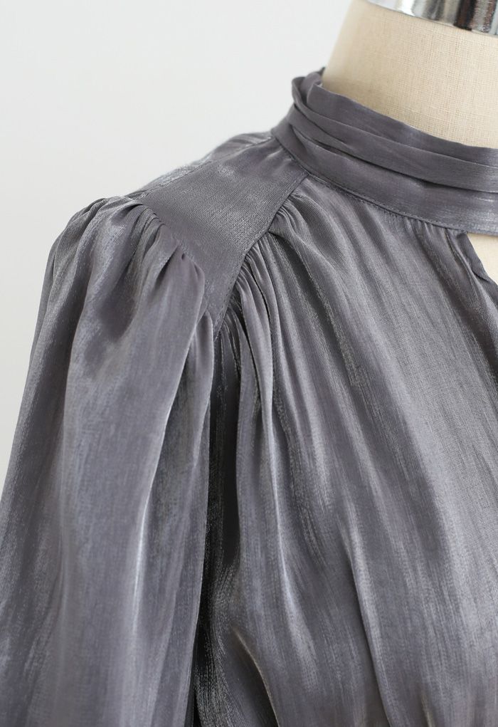 Shiny High Neck Pleated Dress in Grey