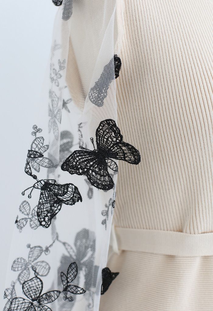 3D Butterfly Mesh Sleeves Wrap Knit Dress in Cream