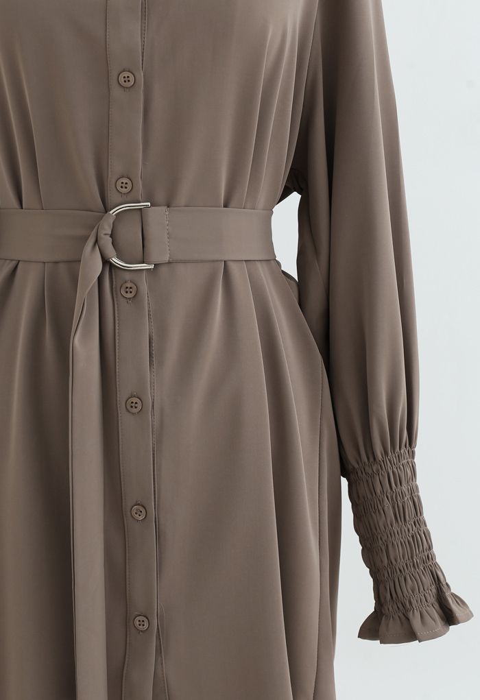 Belted Button Down Hi-Lo Shirt Dress in Brown